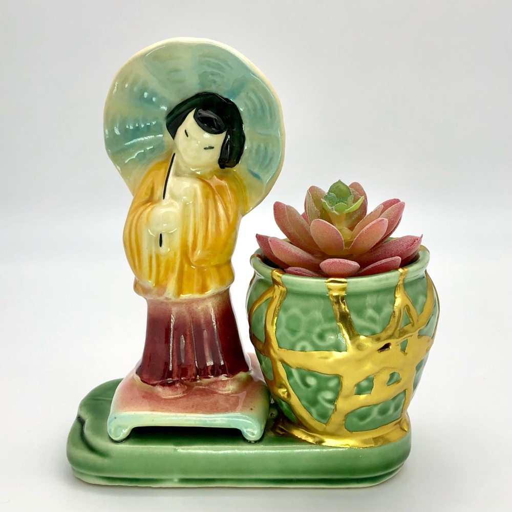 Kintsugi Planter Shawnee USA Asian Girl Gold Crack Personal Growth Gift Vtg MCM